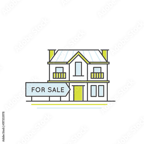 Vector Illustration Icon Graphic Element of House ar Apartment For Sale, Landscape with Building and Signn, Isolated Web Element photo