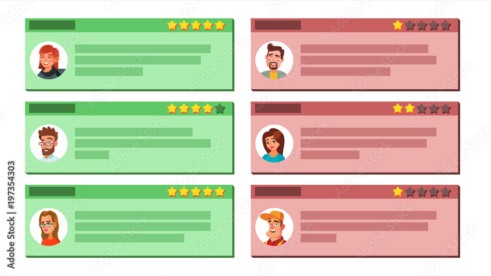 Obraz premium Customer Feedback Vector. Good And Bad Feedback. User Photo. Store Quality Work. Positive, Negative Review. Flat Cartoon Illustration