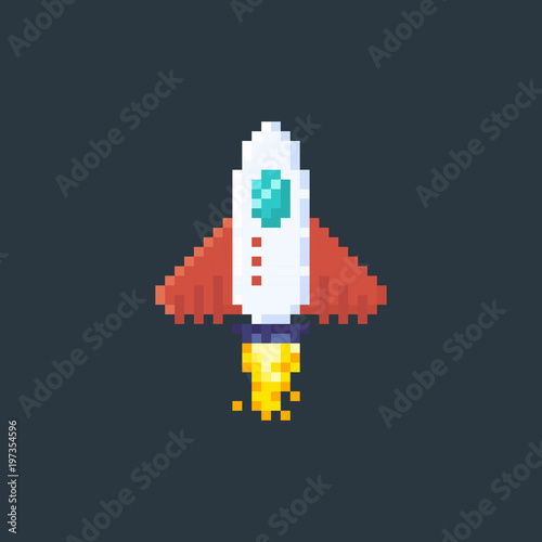 Pixel art style vector illustration. Retro rocket launch. Takeoff and fire from rocket engine. Pixelated art.