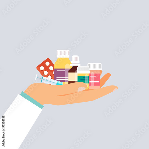 Doctor hand holding different medical pills and bottles. Flat design style modern vector illustration concept.