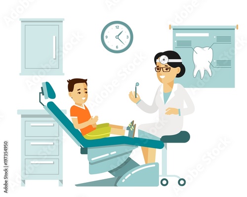 Medicine dental concept in flat style isolated on white background. Young doctor woman and child patient in dentist chair in hospital. Consultation and medical diagnosis.