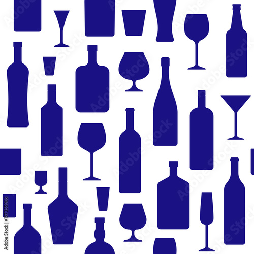 Bottles and glasses seamless pattern. Vector illustration. Simple style. Monochrome background with alcohol drinks and wineglasses.