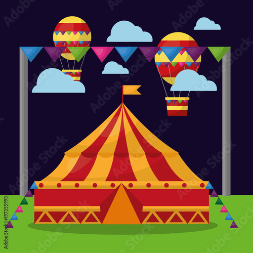 carnival circus tent flying air balloons in the night funfair festival vector illustration