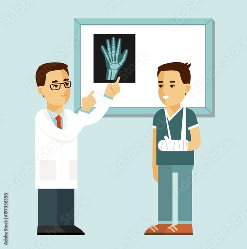 Medicine dental concept in flat style isolated on white background. Doctor traumatologist and injured young patient with broken arm in hospital. Consultation and medical X-ray diagnosis.