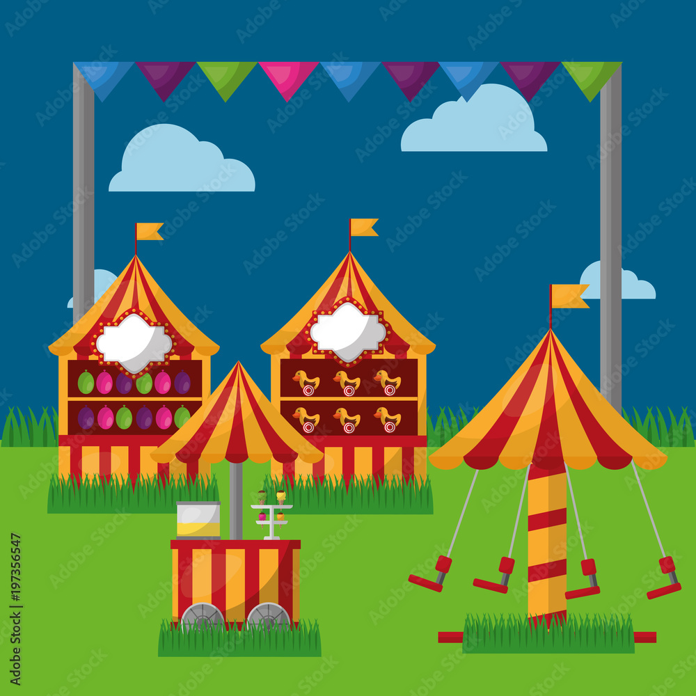 carnival fair festival carousel food cart booths   in the meadow vector illustration