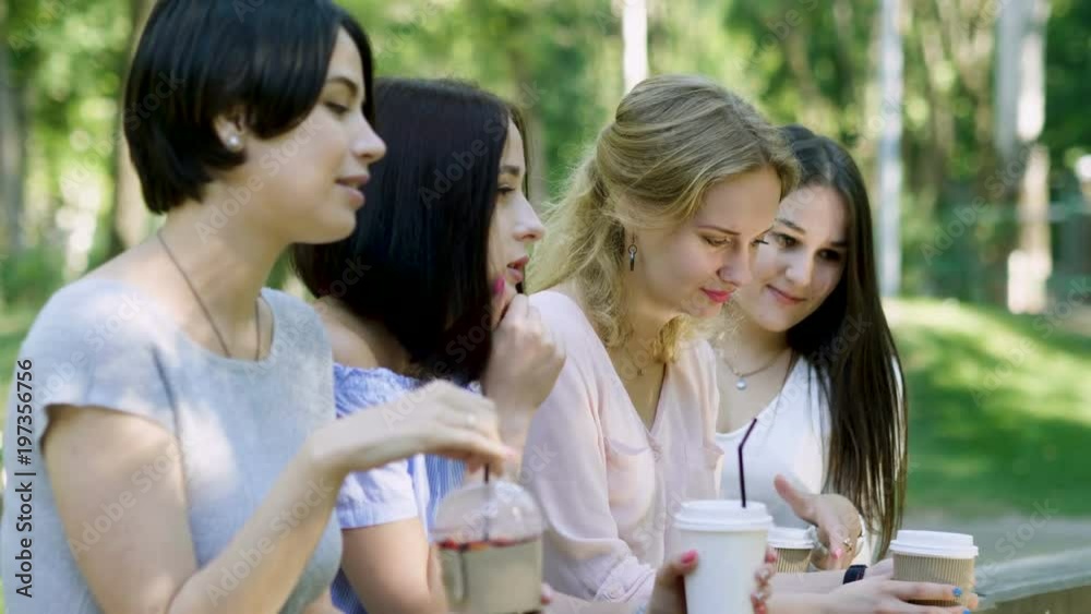 A group of friends drinking soft drinks and talking in the summer park. 4K A group of friends drinking soft drinks and talking in the summer park. 4K