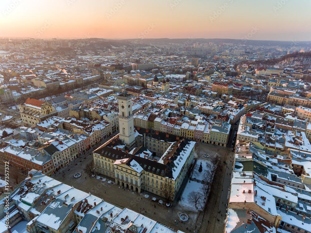 Obraz premium Day aerial shot of central part of Lviv city