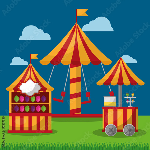 carnival fair festival carousel booth and food cart vector illustration