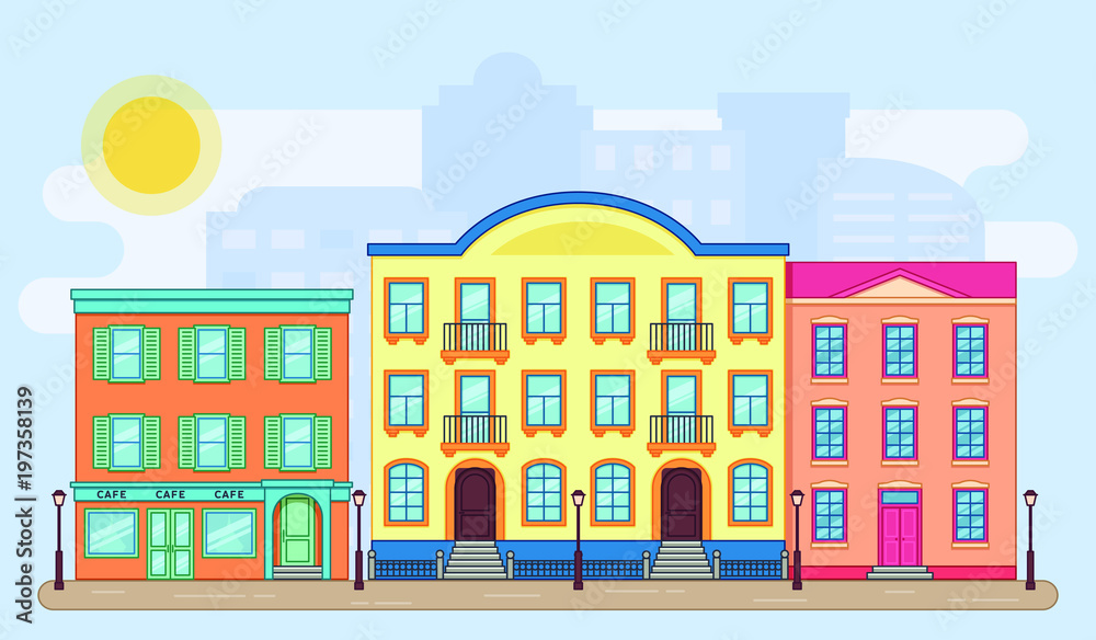 City street with buildings. Vector. Houses in flat style. Cartoon home cityscape background. Residential house with apartments. Architecture design. Linear illustration.