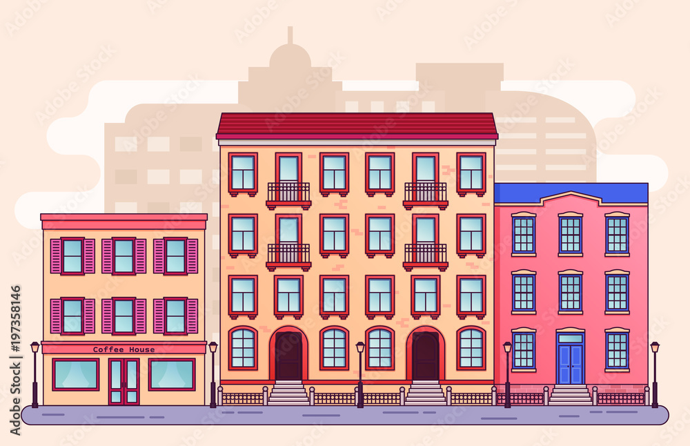 City street with houses. Vector. Home buildings, cafe in flat style. Cartoon  cityscape background. Residential house with apartments. Architecture design.  Linear illustration. Stock Vector | Adobe Stock