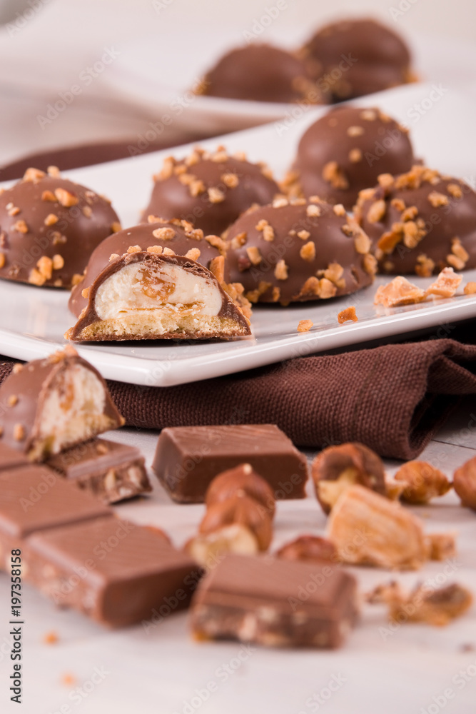 Chocolate truffles with caramel cream filling.