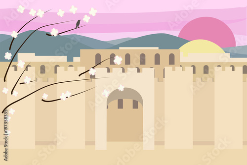 Jerusalim spring sunset or sunrise view vector background