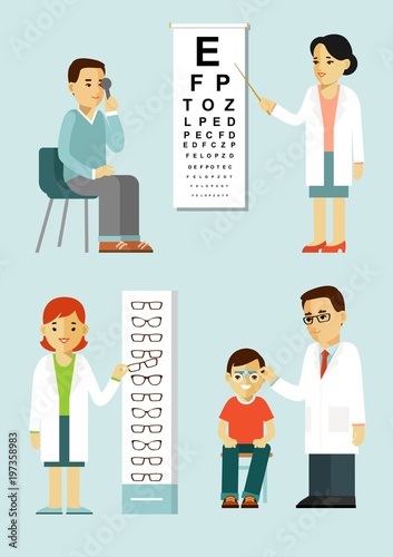 Medicine concept ophthalmology and diagnostics in flat style isolated on white background. Young ophthalmologist doctors man check eyesight of patient in hospital. Consultation and medical diagnosis.
