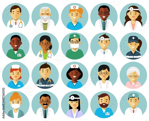 Medicine set with doctors and nurses avatars in flat style isolated on white background