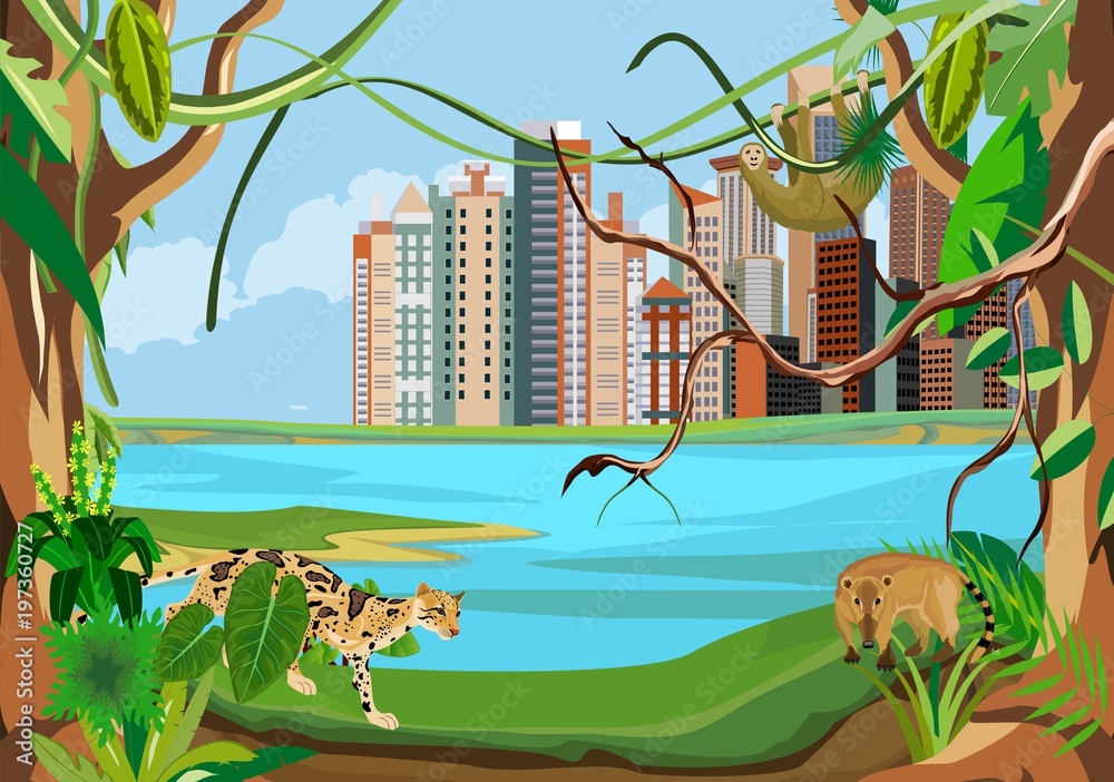 urban buildings in the river coast, green forest jungle, animals wildlife, blue  lake, tropical nature and urbanization, vector illustration Stock Vector |  Adobe Stock