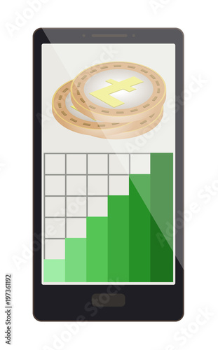 litecoin coins with growth graph on a phone screen
