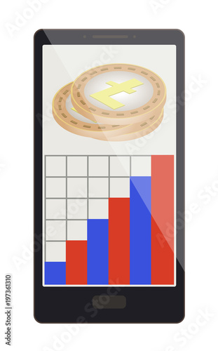 litecoin coins with growth graph on a phone screen