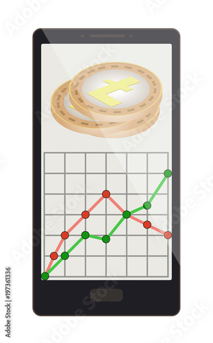 litecoin coins with growth graph on a phone screen