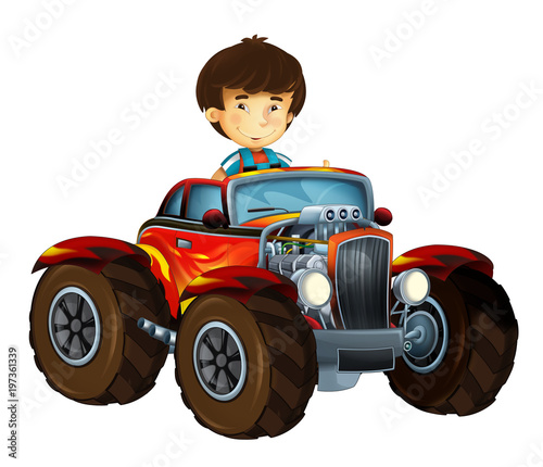 happy cartoon scene with child - boy - in hot rod cabriolet - illustration for children