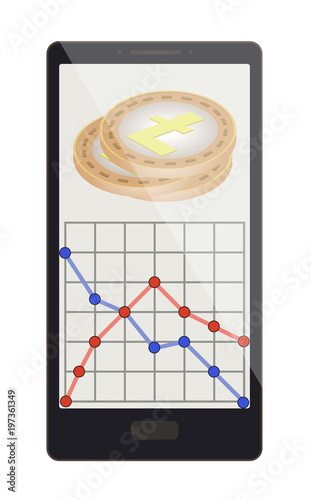 litecoin coins with growth graph on a phone screen