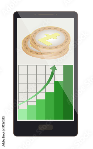 litecoin coins with growth graph on a phone screen