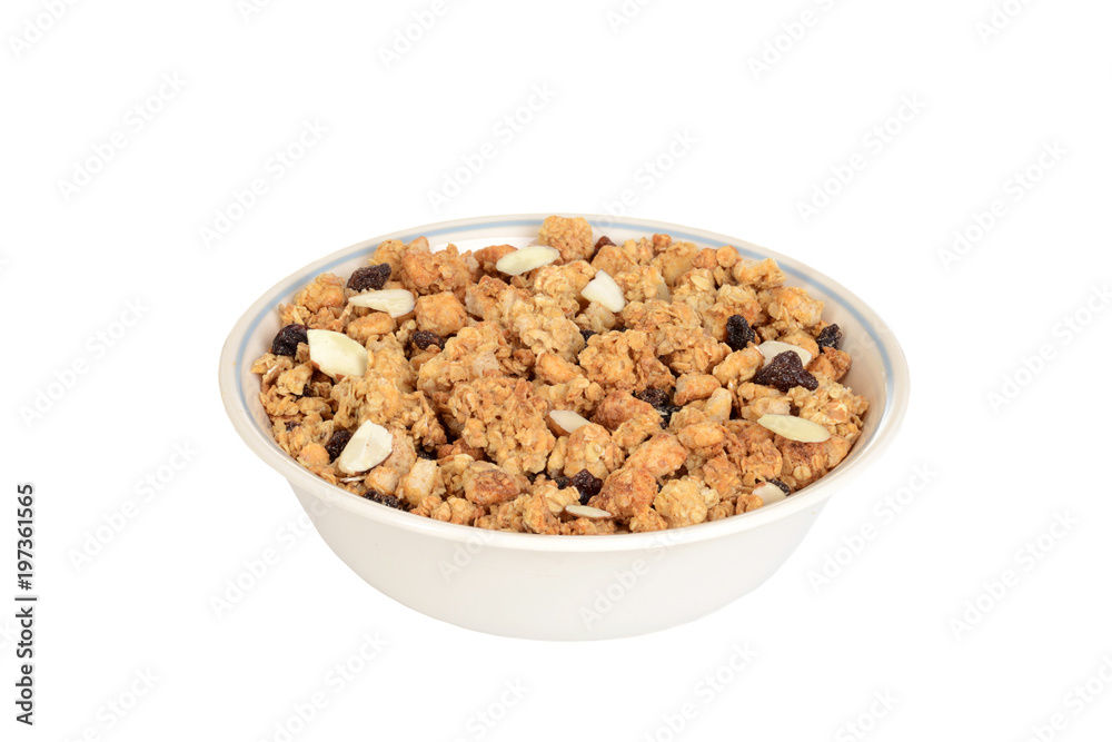 closeup bowl of granola raisin almond cereal closeup bowl of granola raisin almond cereal