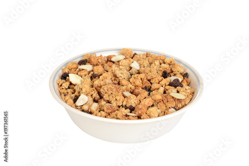 closeup bowl of granola raisin almond cereal