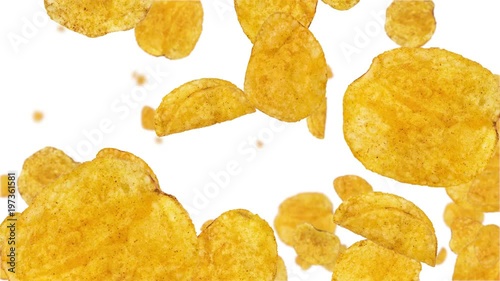 Potato Chips falling down on white background (vertical, not loopable)