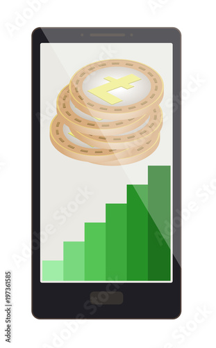 litecoin coins with growth graph on a phone screen
