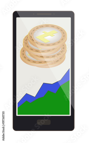 litecoin coins with growth graph on a phone screen