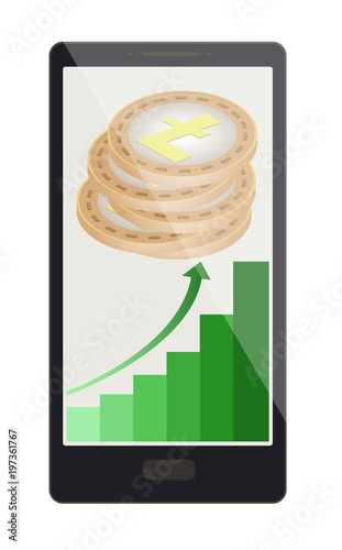 litecoin coins with growth graph on a phone screen