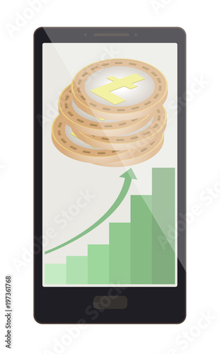 litecoin coins with growth graph on a phone screen