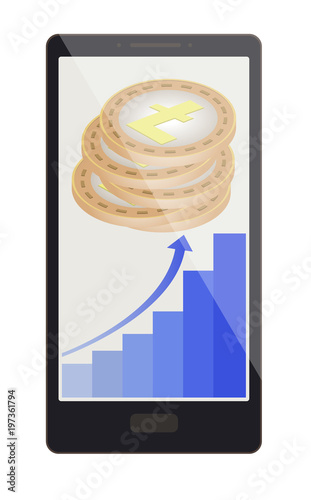 litecoin coins with growth graph on a phone screen