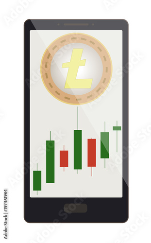 litecoin coin with candlestick chart on a phone screen