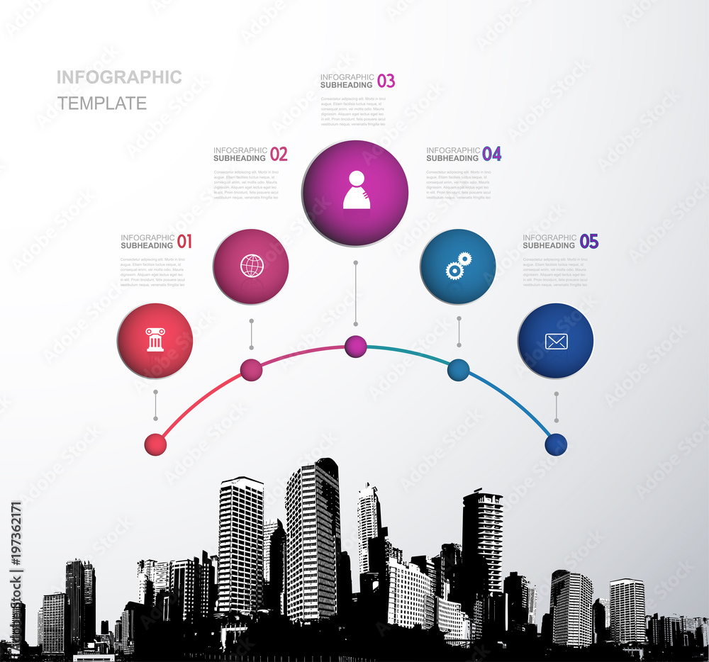 Infographic template with five circles, icons and city.