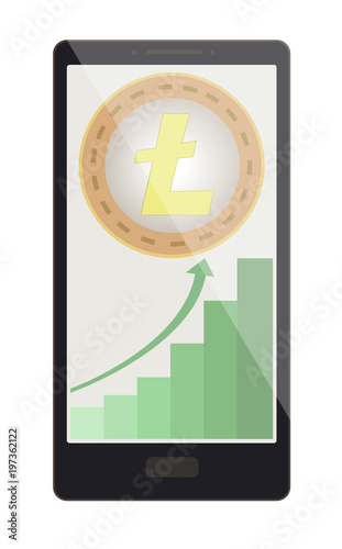 litecoin coin with growth graph on a phone screen