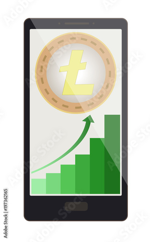 litecoin coin with growth graph on a phone screen