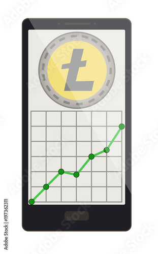litecoin coin with growth graph on a phone screen