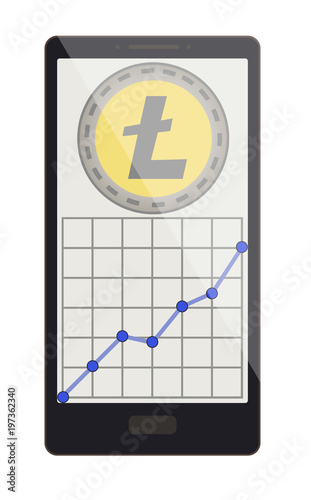 litecoin coin with growth graph on a phone screen