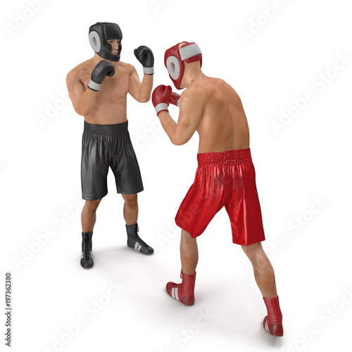 Two men boxer wearing helmet and gloves boxing on white. 3D illustration