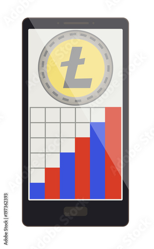 litecoin coin with growth graph on a phone screen