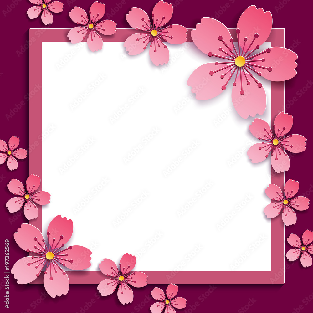 Celebratory  frame with pink 3d sakura blossom