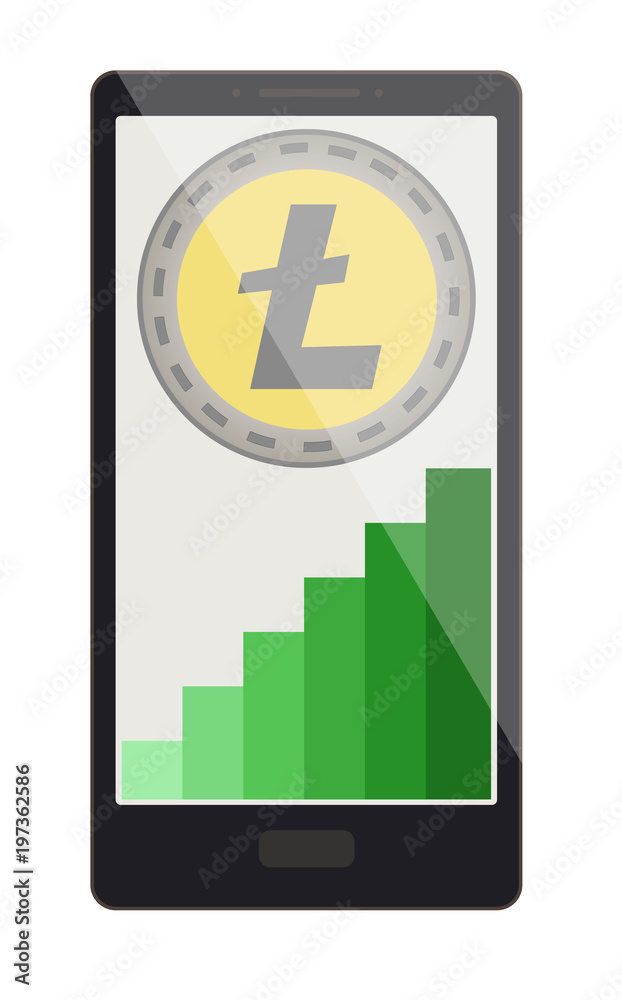 litecoin coin with growth graph on a phone screen litecoin coin with growth graph on a phone screen