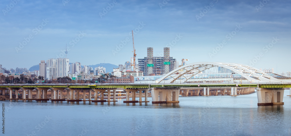Seoul city and Yanghwa Bridge at Han river