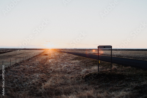 A road in Iceland leading through a field at sunset