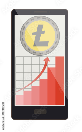 litecoin coin with growth graph on a phone screen