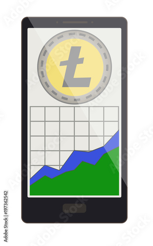 litecoin coin with growth graph on a phone screen
