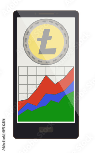 litecoin coin with growth graph on a phone screen