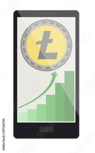 litecoin coin with growth graph on a phone screen
