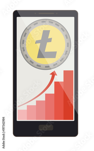 litecoin coin with growth graph on a phone screen